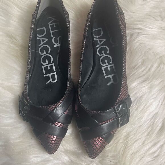 Kelsi Dagger Leather Rose gol metallic slip on flats black straps accents SZ7.5 - Picture 9 of 10